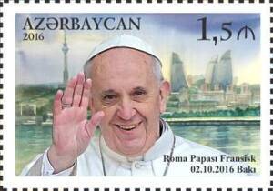 Папа Римский Франциск (Портрет на почтовой марке Азербайджана, посвящённой визиту Франциска в Баку в 2016 году, azermarka.az, )