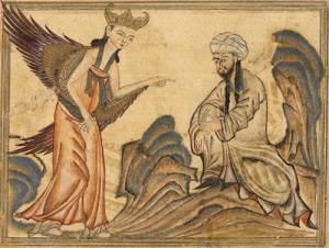 Изображение Мухаммеда, получающего первое откровение от ангела Джибриля (Из манускрипта «Джами ат-таварих» Рашида ад-Дина, 1307,  )