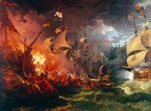 В ходе Англо-испанской войны английский флот нанес сокрушительный удар испанской «Непобедимой армаде»